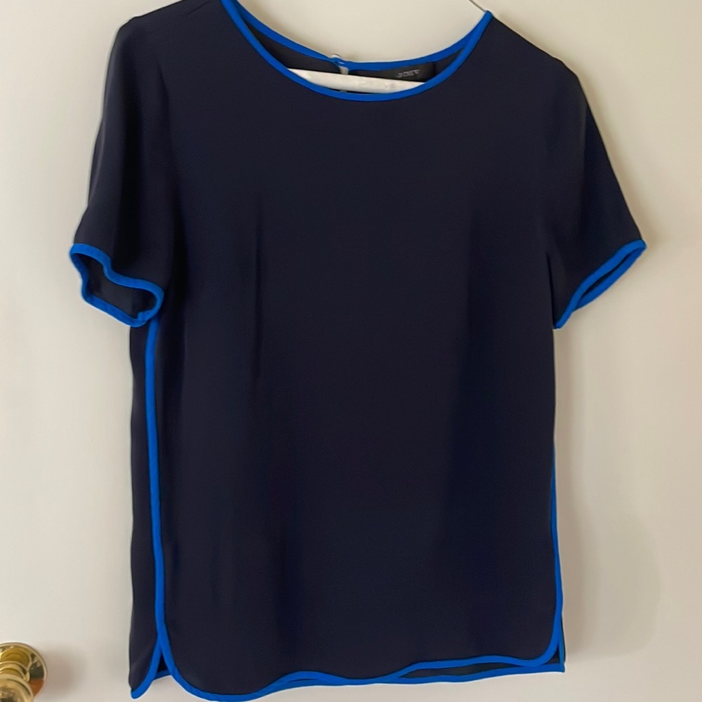 JCrew silk navy short sleeve blouse with med-blue trim